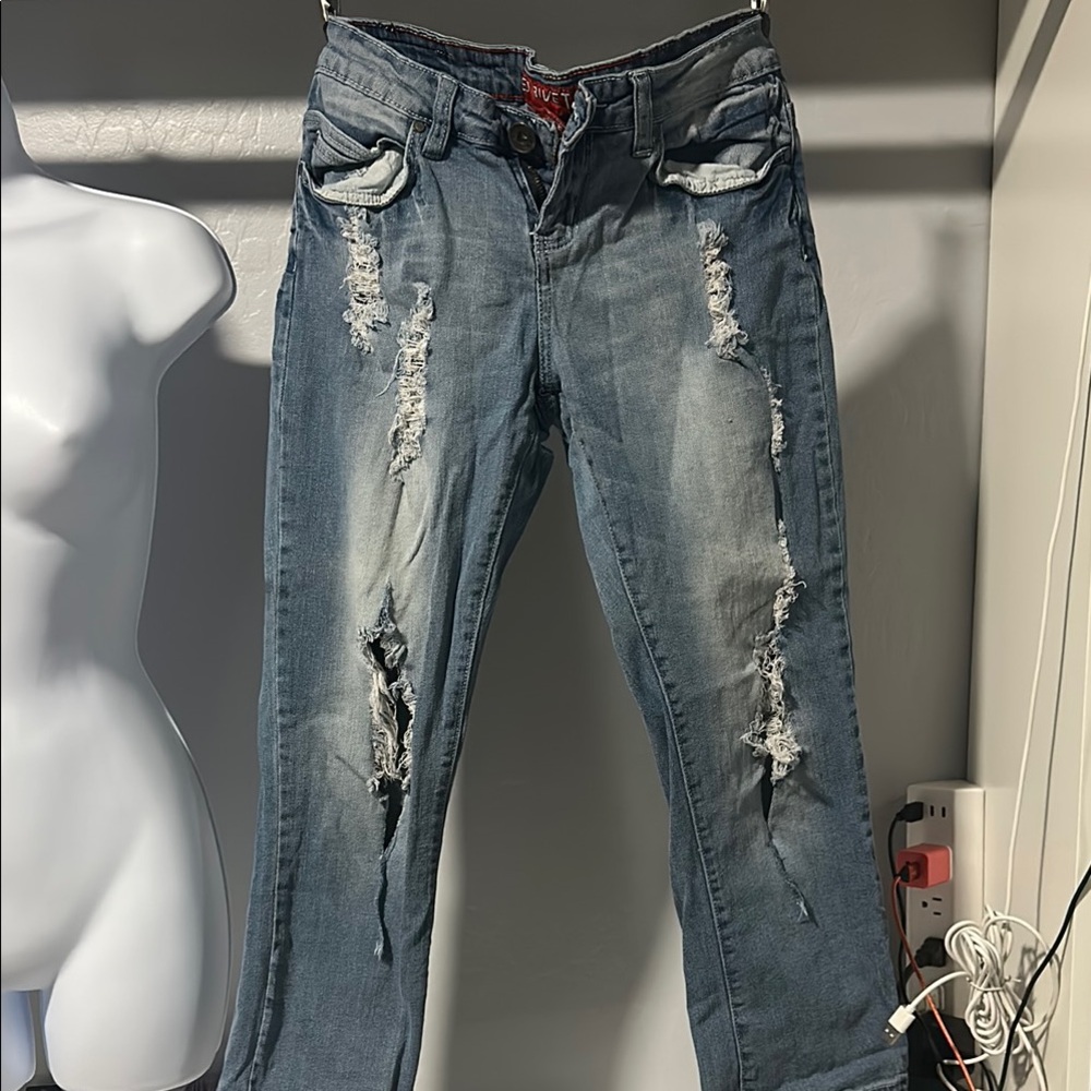 No.114 Red Rivet Blue Boyfriend Jeans Distressed